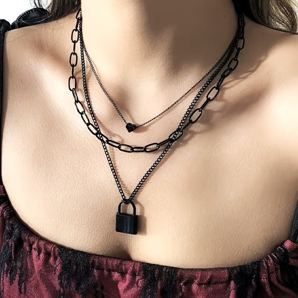 Chain Lock Necklace Layered Padlock 3pc Choker Trendy Bold Emo Goth Vamp Edgy